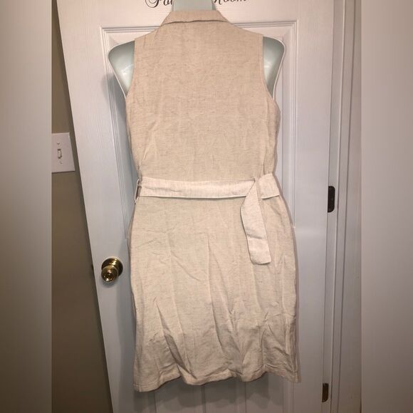 Sim & Sam Size L Linen Blend Lined Tan Sleeveless Button Up Shirt Dress w/ Belt - Picture 2 of 9